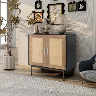 Acekool Rattan Storage Cabinet, 2-Door Sideboard with Metal Base, Modern Boho Accent Cabinet for Living Room, Entryway, Bathroom, Black