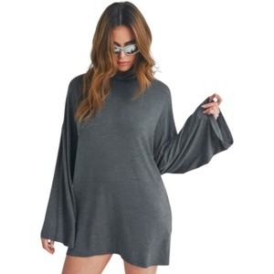 Slickblue Women's Turtle Neck Dress, Bell Sleeve Detail, Soft Stretch Fabric, Classic Style, Charcoal, Size S-L - 1 of 4