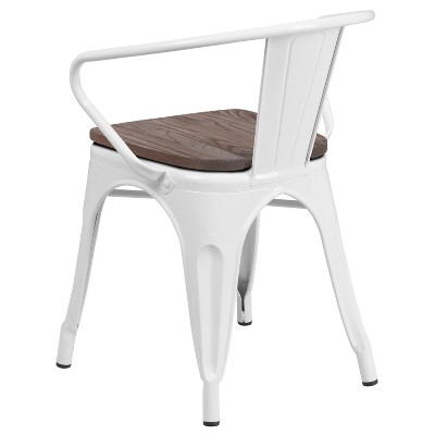 Modern Rustic White Metal Bistro Chair with Wood Seat and Arms