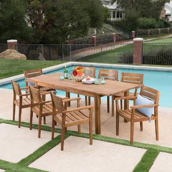 Wilson 9pc Acacia Wood Dining Set with Expandable Dining Table - Teak - Christopher Knight Home