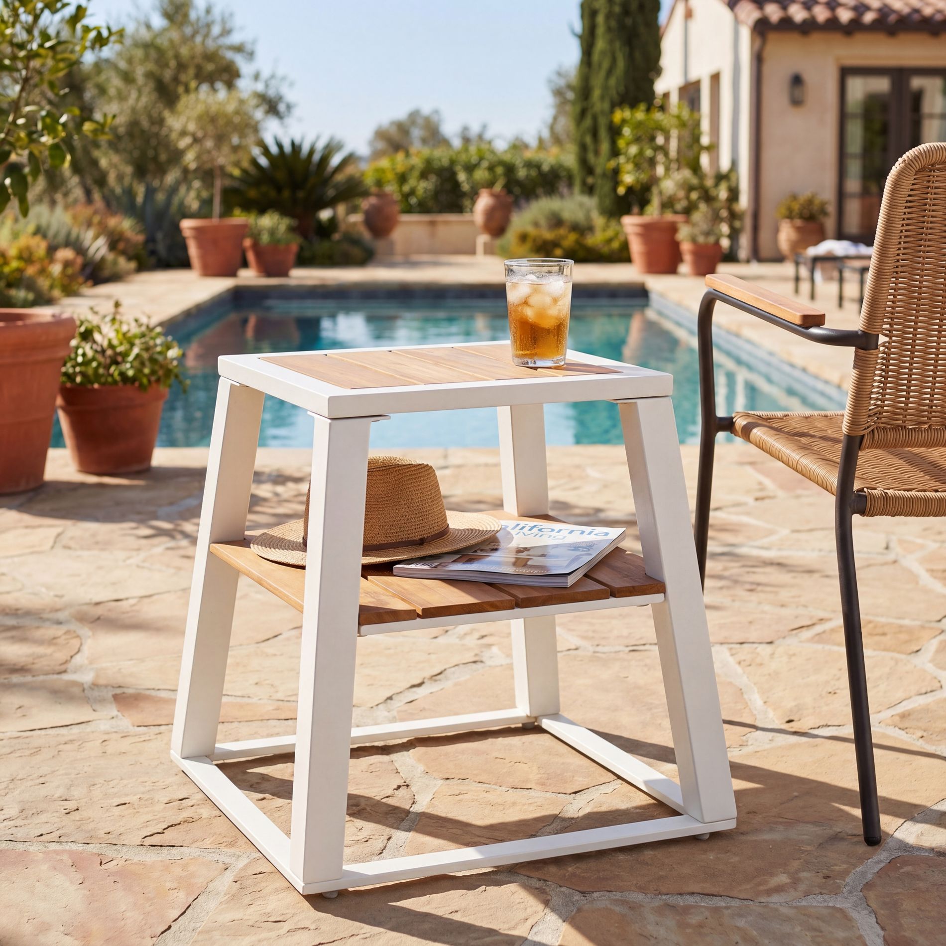 Patio End Table Outdoor Side Table Weather-Resistant Accent Table with Metal Frame & Storage Shelf, White - ModernLuxe