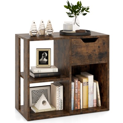Tangkula 3-Cubby Bookcase with Drawer Modern Simple Bookshelf Display Rack with 2-Tier Open Shelves Multifunctional Storage Cabinet Side Table Brown