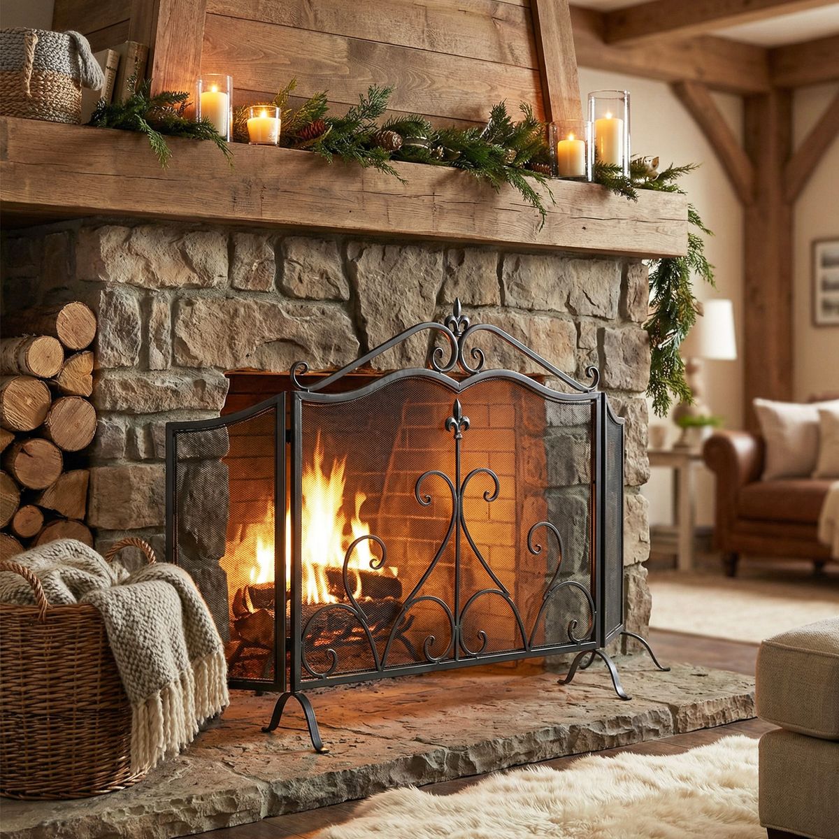 Christopher Knight Home Aomi Mid-Century Modern Iron 3-Panel Fireplace Screen
