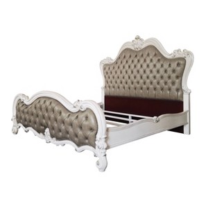 99" Queen Bed Versailles Vintage Gray PU Leather, Button Tufted - Acme Furniture: Claw & Ball Feet, Fluted Crown - 1 of 4