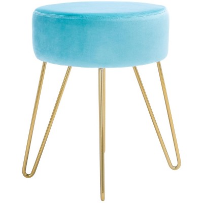 Abrea Aqua Velvet Round Ottoman with Gold Hairpin Legs