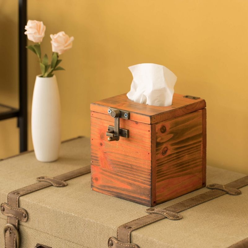 Vintiquewise Square Wooden Rustic Lockable Tissue Box Cover Holder, 2 of 8