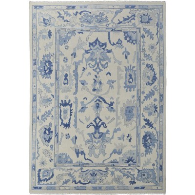 Ivory and Blue Wool Floral Hand Knotted Area Rug With Fringe