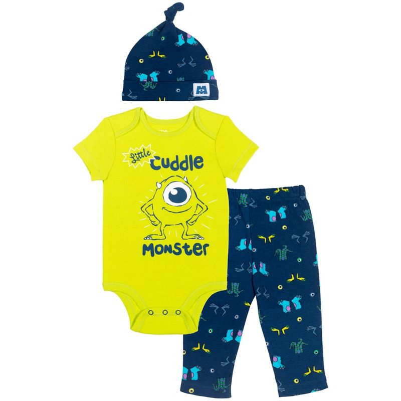 Disney Pixar Monsters Inc. Mike Mickey Mouse Baby Bodysuit Pants and Hat 3 Piece Outfit Set Newborn to Infant, 1 of 9