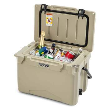 Costway 25 QT Portable Cooler Rotomolded Ice Chest Insulated Ice Box for 5-7 Days Charcoal/Tan