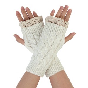 Unique Bargains Pair Women's Winter Lace Trim Fingerless Thumbhole Stretchy Knitted Gloves - 1 of 4