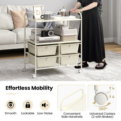 White Metal Rolling Storage Cart with 4 Drawers and Shelves