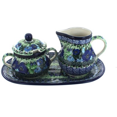 Blue Rose Polish Pottery Sapphire Fields Large Cream & Sugar Set with Tray