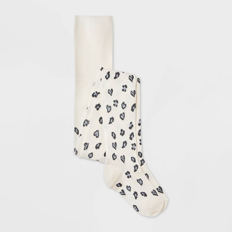 Girls' Cotton Heart Leopard Printed Tights - Cat & Jack™ Cream, 1 of 5