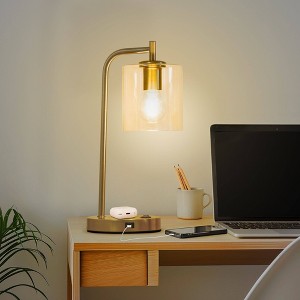 Brightech Elizabeth Modern (Includes LED Light Bulb) USB & Wireless Charging Arc Desk Table Lamp Antiqued Brass: 16" USB Port, UL Listed - 1 of 4