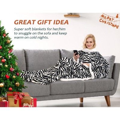 Zebra Print Fleece Sherpa Wearable Blanket with Sleeves