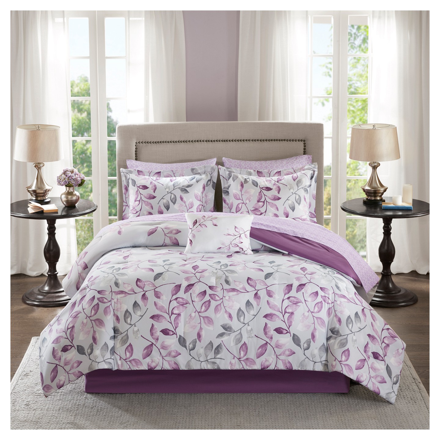 Постельное бельё Madison Park Purple Rowan Complete Comforter Set (King), Hypoallergenic, Midweight, Floral Pattern, 9-Piece Bedding Set, цвет: Фиолетовый — фото 2