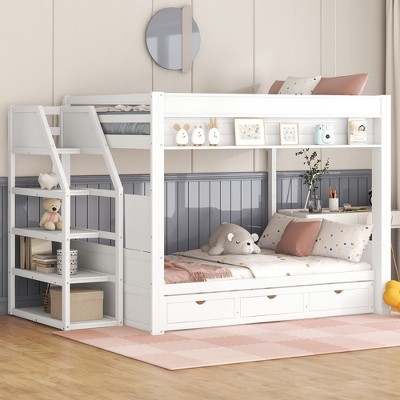 96.50"Wood Full Size Convertible Bunk Bed with Storage Staircase, Bedside Table, and 3 Drawers, Gray