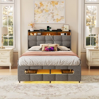 Aheaplus Upholstered Bed Frame with Storage Headboard, Charging Station, LED Light