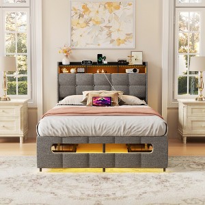Aheaplus Upholstered Bed Frame with Storage Headboard, Charging Station, LED Light - 1 of 4
