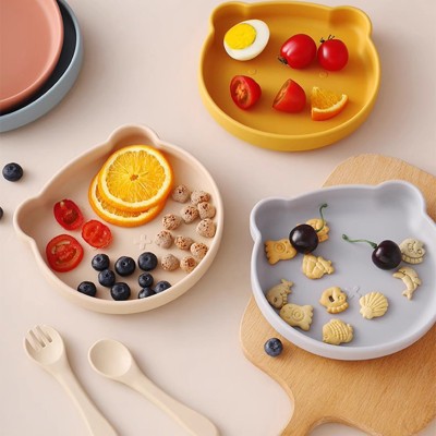 AOSTIRMOTOR Silicone Eco-Friendly Baby Products Fruit and Food Feeder Plate Spoon Suction Silicone Baby Bowl