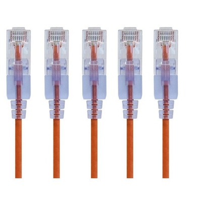 Monoprice SlimRun Cat6A Ethernet Patch Cable - Network Internet Cord - RJ45, Stranded, UTP, Pure Bare Copper Wire, 30AWG, 2ft, Orange, 5-Pack