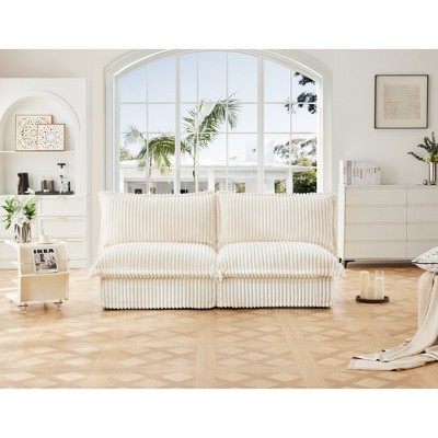 Slipcovered 2-Seater Armless Sofa, Convertible Modular Couch with Removable Covers, Deep Seat, Corduroy Fabric, Multiple Pillows, Free Combination