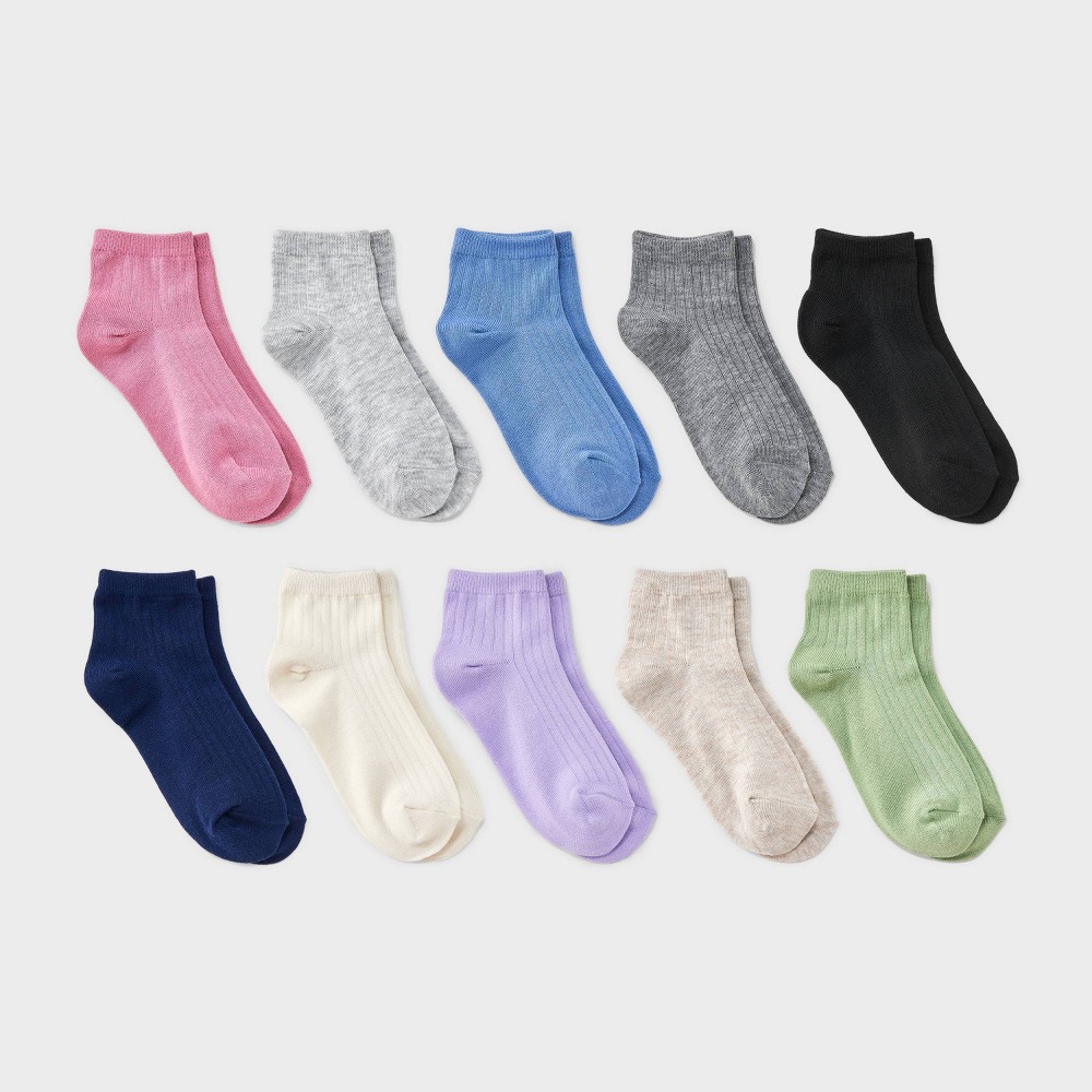 Girls' 10pk Lightweight Ribbed Ankle Socks - Cat & Jack™ S