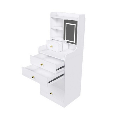 AENKYO 3-in-1 Dressing Table with LED Mirror & Stool, Compact Makeup Vanity with 4 Drawers, Storage Cabinet for Bedroom, White
