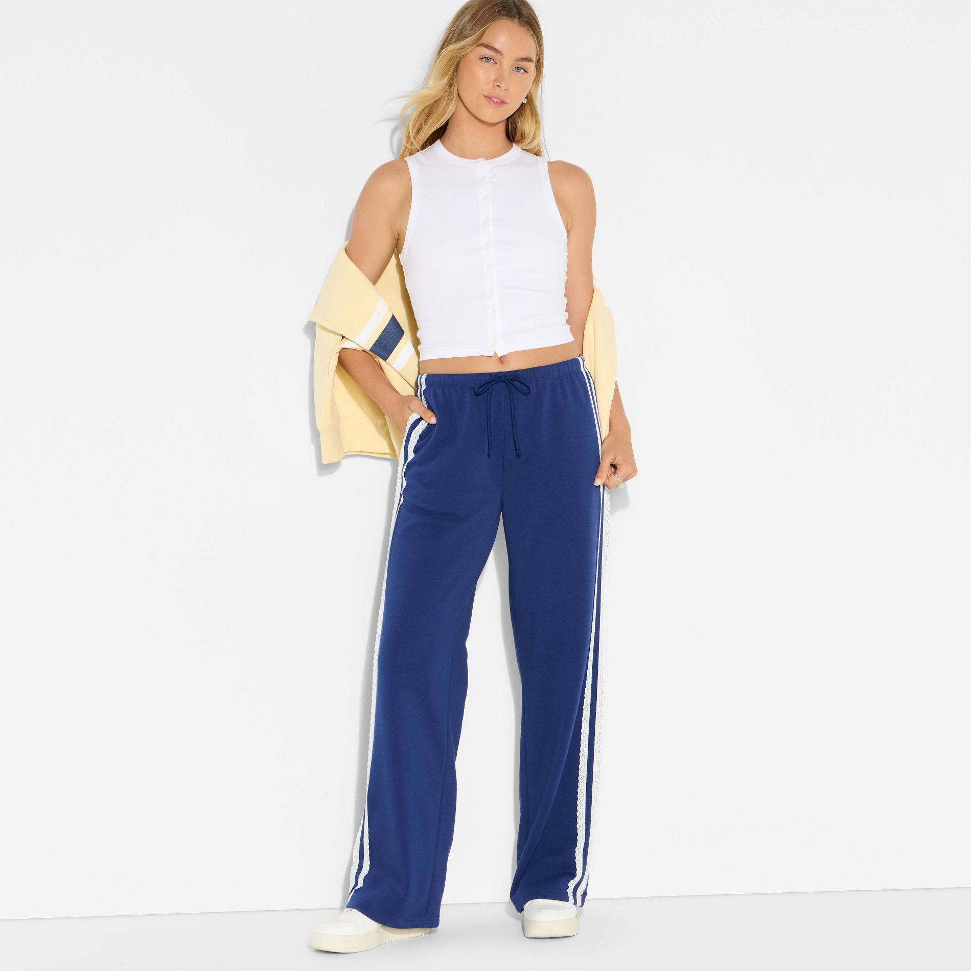 Women's Mid-Rise Lace Striped Fleece Pants - Dark Blue XL