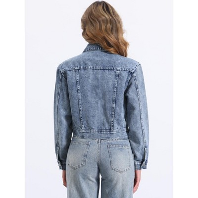 INSPIRE CHIC Women's Zip Up Long Sleeves Pockets Crop Denim Jacket Medium Washed Blue — фото 3