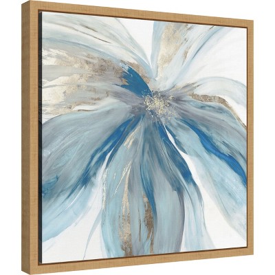 Blue and Gold Abstract Floral Canvas Print with Wooden Frame