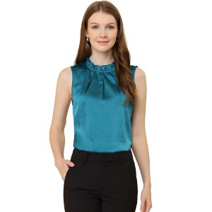 INSPIRE CHIC Women's Mock Neck Sleeveless Ruffles Satin Blouses - 1 of 4