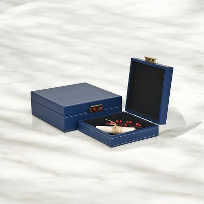Cheung's Lithos Vintage Square Style Set of 2 Boxes with Stitched Accents & Gold Handles - Blue