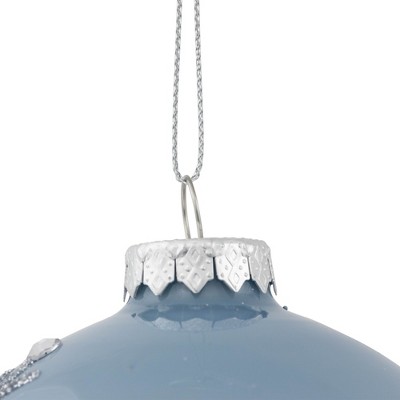 Set of 2 Blue Glass Ornaments with Silver Glitter Snowflakes