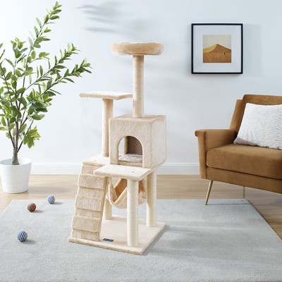 Cream Plush Polyester Double Decker Cat Tree with Hammock