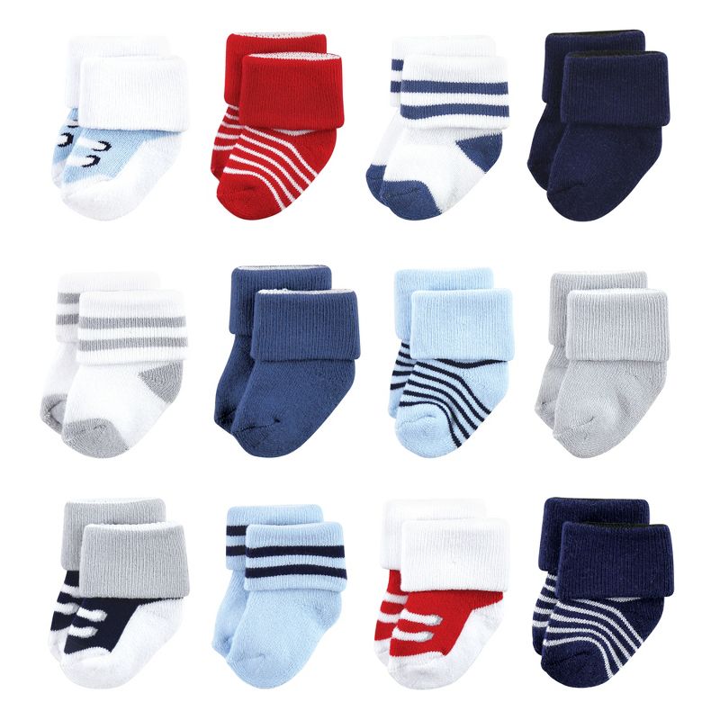Luvable Friends Baby Boy Newborn and Baby Terry Socks, Red Navy Sneakers 12-Pack, 1 of 10