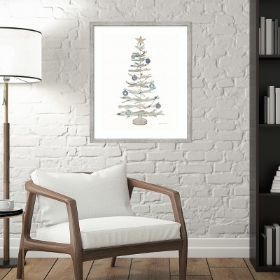 Coastal Holiday Tree Watercolor Framed Wall Art, 21x25, White Wood Frame