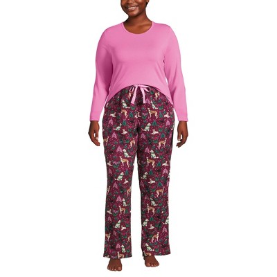 Lands' End Women's Pajama Set Knit Long Sleeve T-Shirt and Flannel Pants