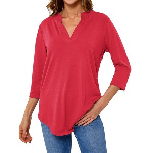 Nlife Women V Neck Solid Color Blouses Relaxed Fit 3/4 Sleeve Curved Hem Tunics Tops - 1 of 4