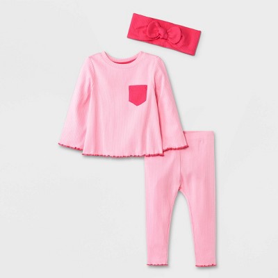 Baby Girls' 3pc Ribbed Top & Bottom Set with Headband - Cat & Jack™ Pink Newborn