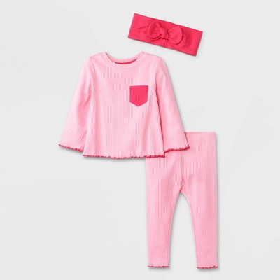 Image of Baby Girls' 3pc Ribbed Top & Bottom Set with Headband - Cat & Jack™ Pink 0-3M
