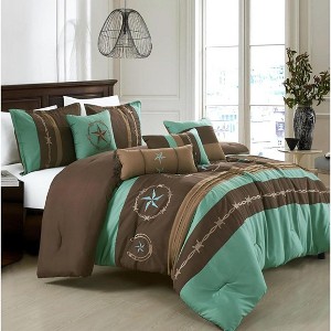 Home Mart Goods 7 Piece Teal Brown Southwestern Star Soft Bedding Comforter Set - 1 of 4