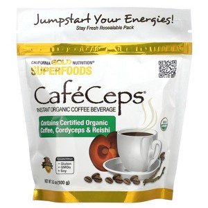California Gold Nutrition CafeCeps, Certified Organic Instant Coffee with Full-Spectrum, Organic Cordyceps and Reishi Mushroom Powder, 3.5 oz (100 g) - 1 of 3