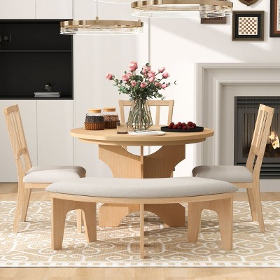 5-Piece Round Dining Table Set for 4, Rubber Wood Farmhouse Dinette with Upholstered Chairs & Bench, Kitchen or Dining Room Furniture - Cuddlewood