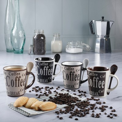 Assorted Colors Ceramic Coffee Mug Set with Spoons, 4 Count