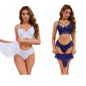 INSPIRE CHIC 2 Sets Women's Cross-Straps Bralette and Panty Mesh Floral Lace Bra and Underwear - 1 of 4