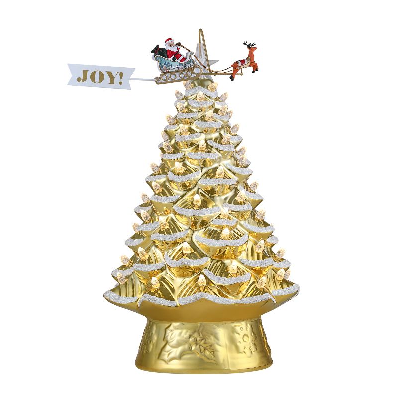 Mr. Christmas 90th Anniversary Collection - 16" Lit Ceramic Tree with Animated Santa's Sleigh, Gold, 1 of 4