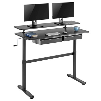 Tranzendesk Standing Desk with Clamp-On Shelf and 2 Drawers – 55" Sit Stand Workstation with 55” Monitor Stand and Under Desk Drawers - Stand Steady