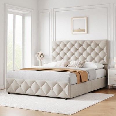 Full Size Bed Frame with 4 Storage Drawers and Headboard, Linen Upholstered Platform Bed Frame