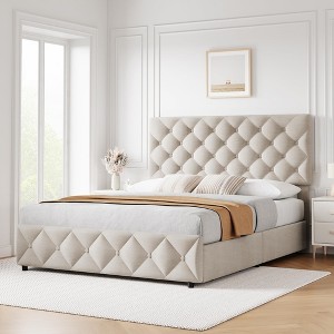Full Size Bed Frame with 4 Storage Drawers and Headboard, Linen Upholstered Platform Bed Frame - 1 of 4